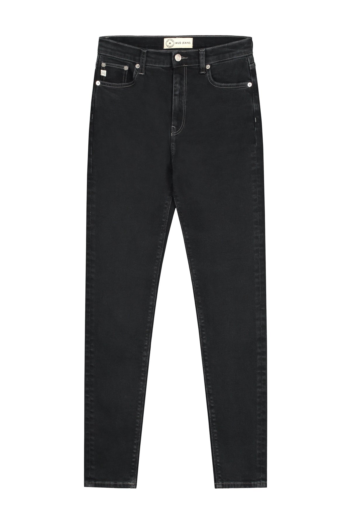 Dark black slim-fit denim jeans from MUD Jeans, made from organic cotton, showcasing a classic five-pocket design.