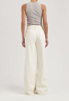 Back view of flared white denim pants worn with a light gray sleeveless top, showcasing modern and stylish casualwear.